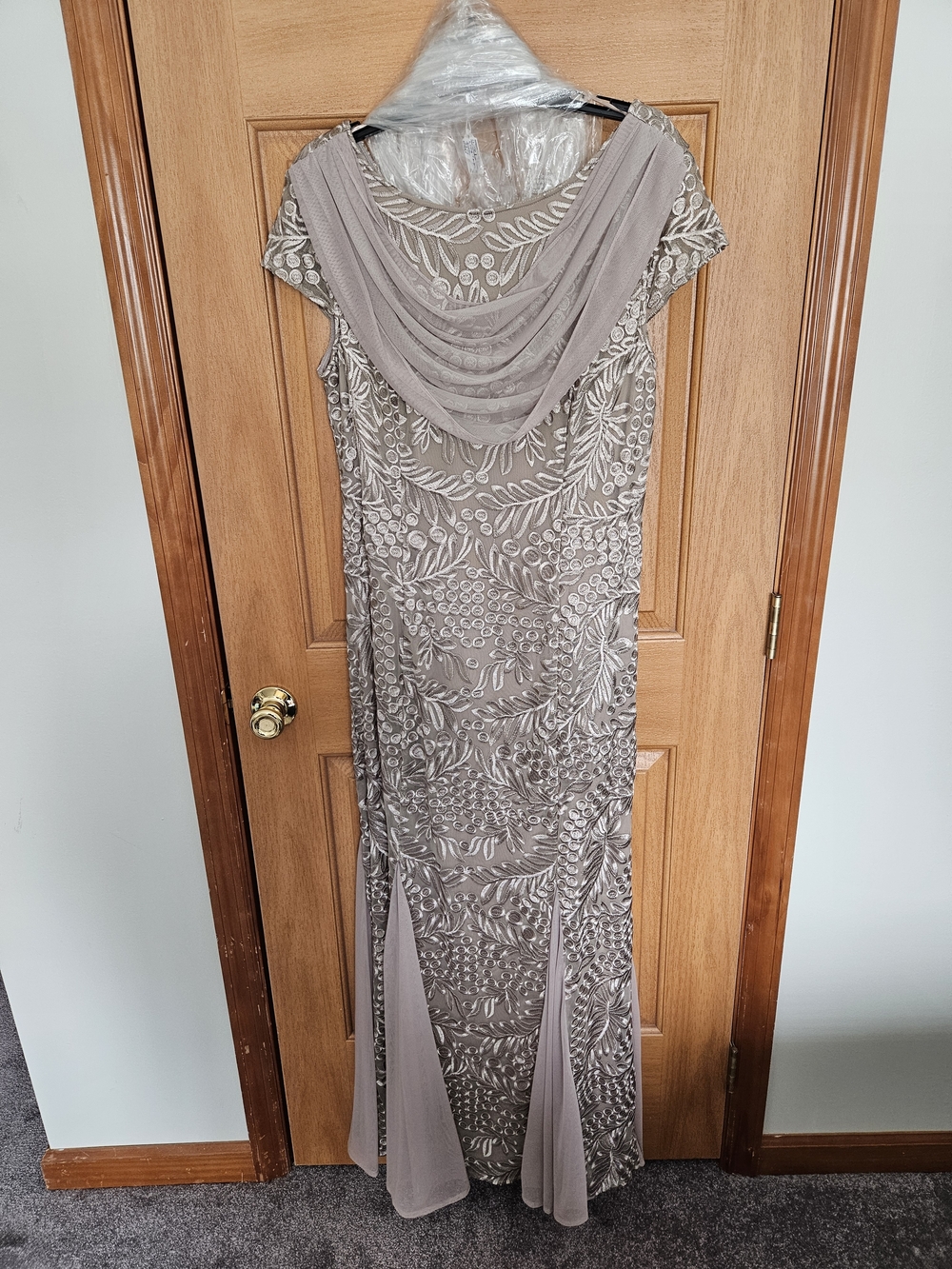 Alex Evenings Taupe Embroidered Gown with Draped Cowl